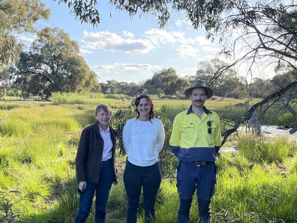 Jenny Brown, Stacey Vogel and Keith Thompson at the Coleambally wetland.