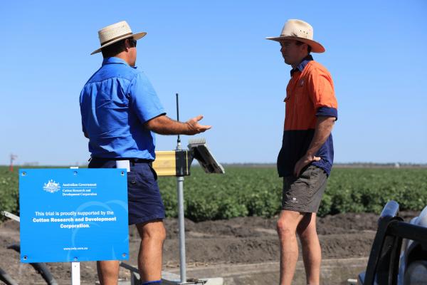 Two men talking in a field