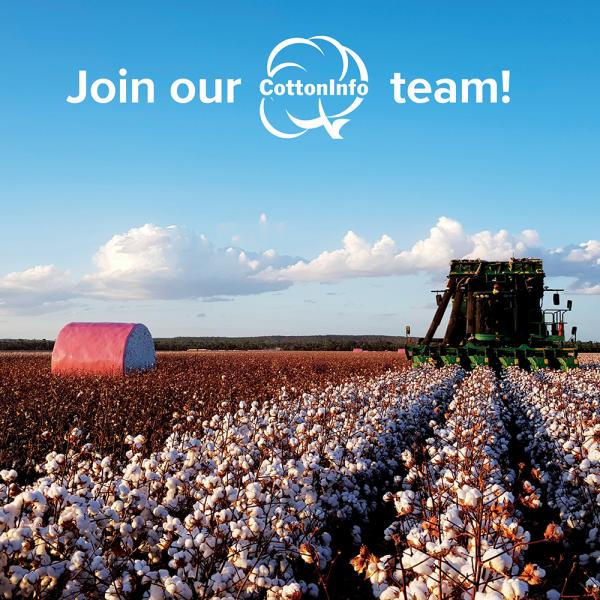 A cotton picker in a paddock with the words Join our CottonInfo team! 