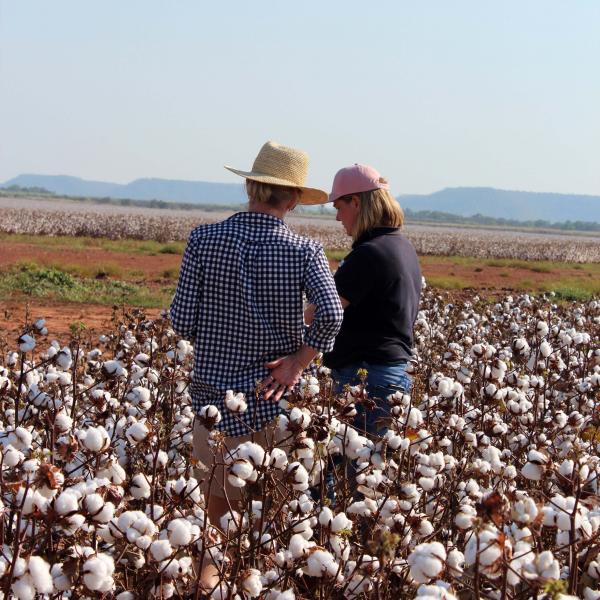 Sally Ceeney and Susan Maas in a cotton paddock in the NT. 