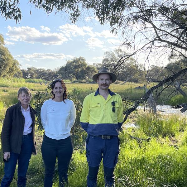 Jenny Brown, Stacey Vogel and Keith Thompson at the Coleambally wetland.