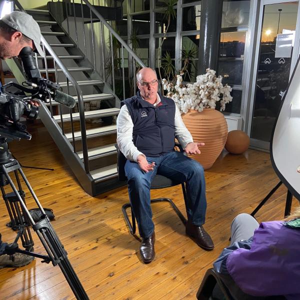 Ian Taylor being interviewed by ABC Landline's Pip Courtney