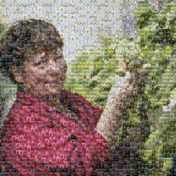 A photomosaic of a woman checking a plant, made of many images of women