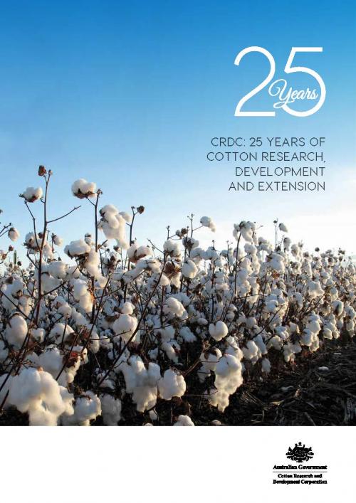 Cover of CRDC's 25 years of Cotton RD&E Report. A cotton crop ready for harvesting. Open white cotton bolls against a blue sky.