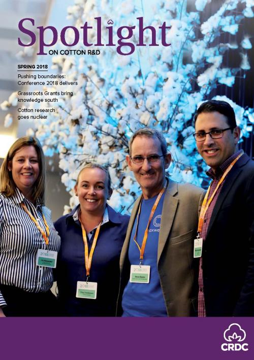 Cover of Spotlight Magazine - Spring 2018. A group of four diverse people at the Australian Cotton Conference.