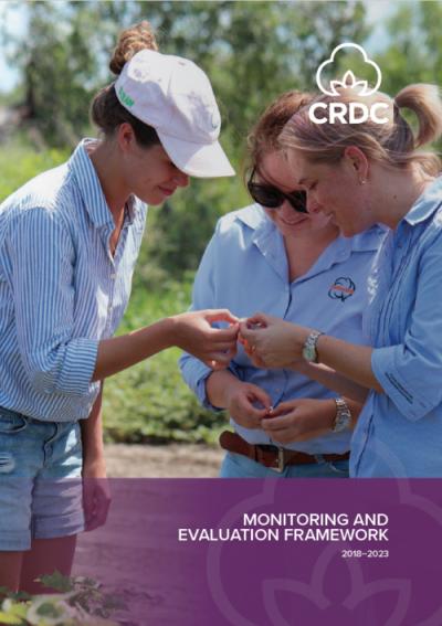 Cover of CRDC's Monitoring and Evaluation Framework publication. Three women standing in a paddock inspecting a cotton boll. 
