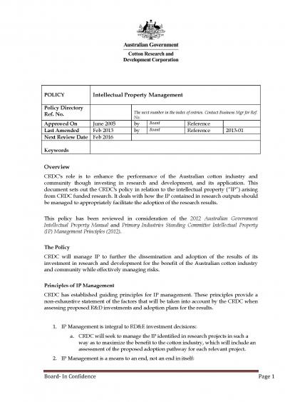 Cover of CRDC's Intellectual Property Policy and Management Plan. 